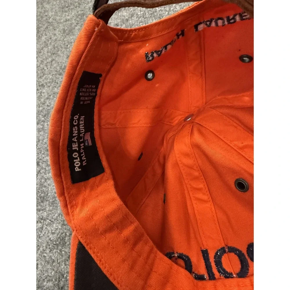 Vtg Polo Jeans Hat Mens Leather Strap Back Orange Dad‎ Cotton Twill